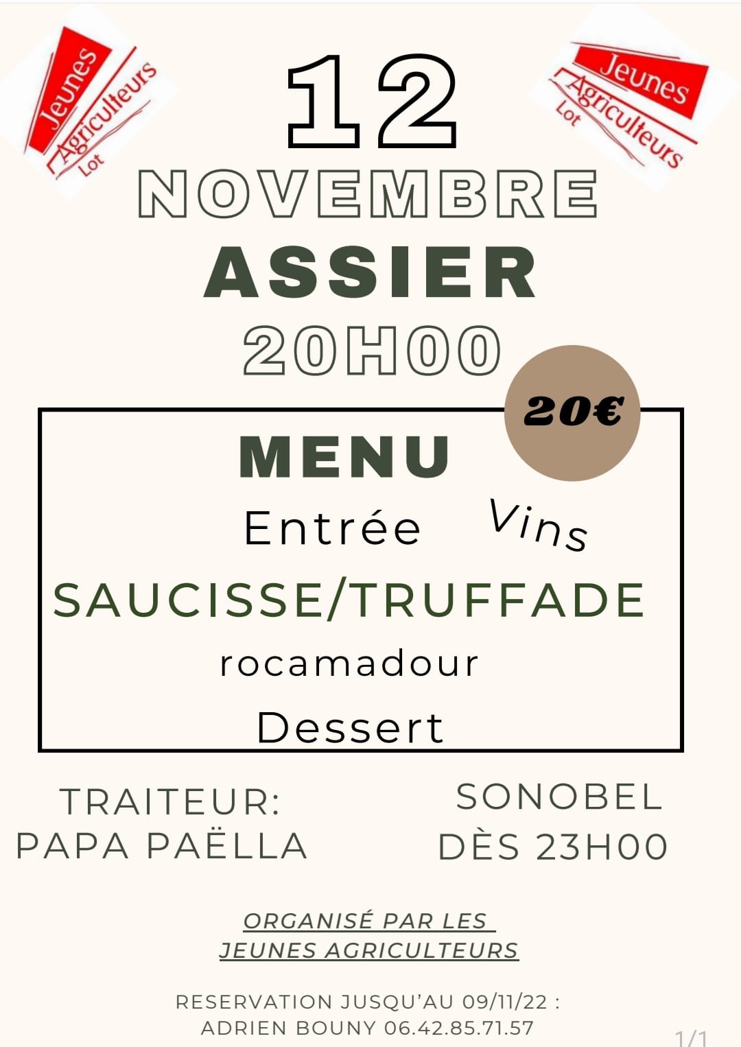 Repas organisé par les Jeunes agriculteurs du Lot ce 12 novembre