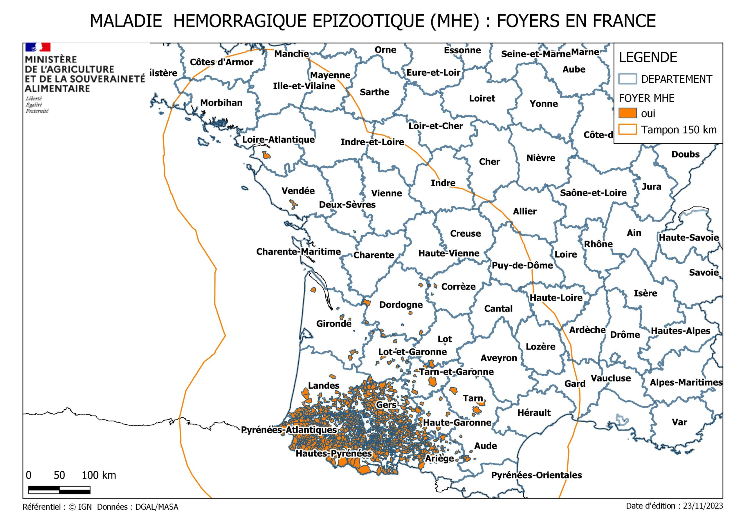Situation MHE au 23 novembre&nbsp;: 3527 foyers touchés, 4 foyers dans le Lot