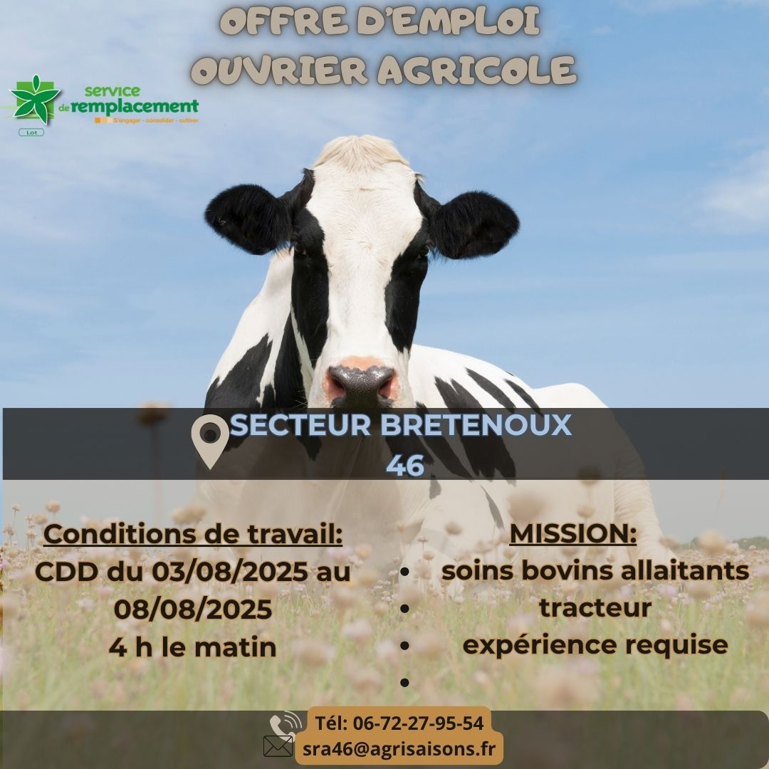Offre d’emploi&nbsp;: ouvrier agricole secteur Bretenoux (46)