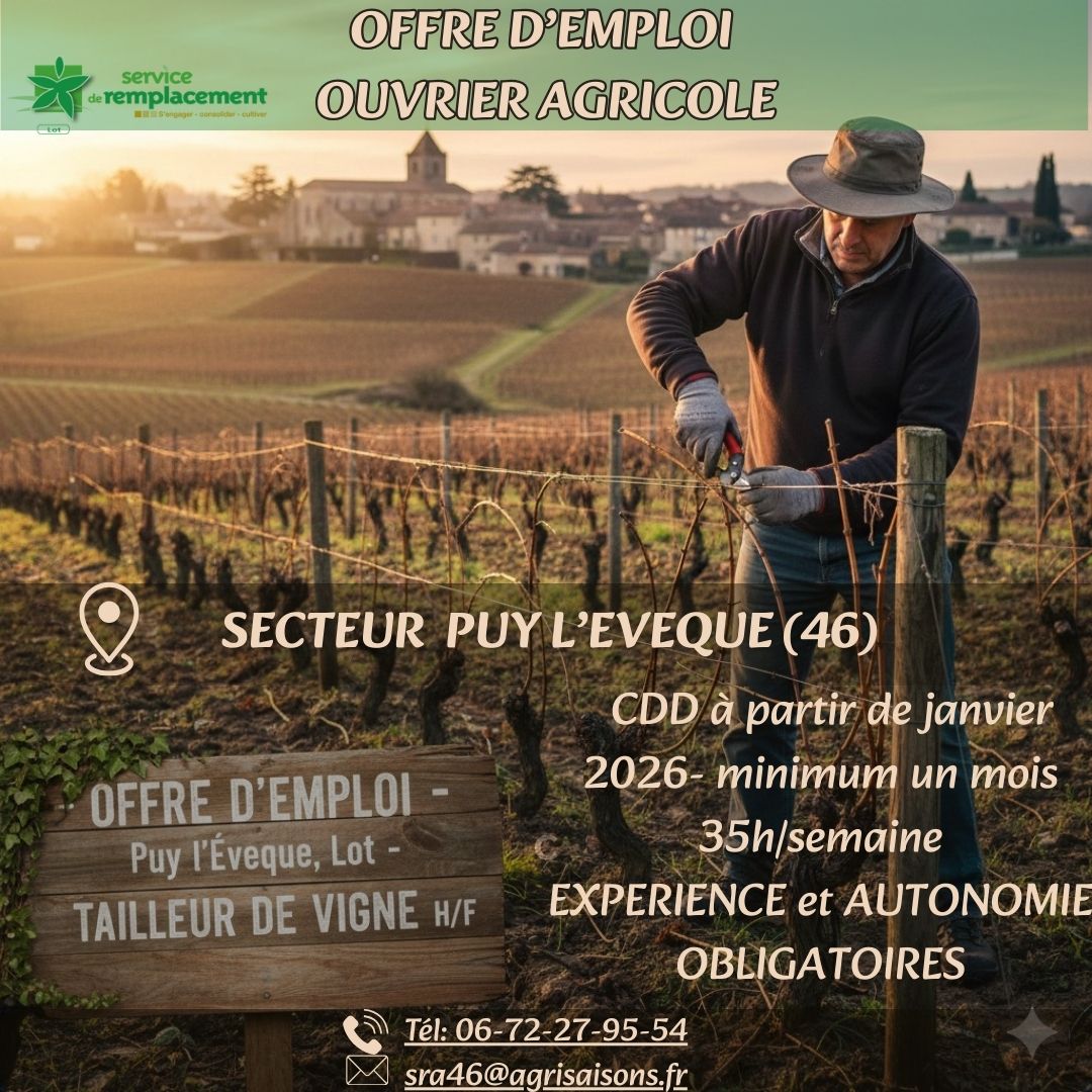 Offre d’emploi ouvrier agricole Puy-L&rsquo;Evêque